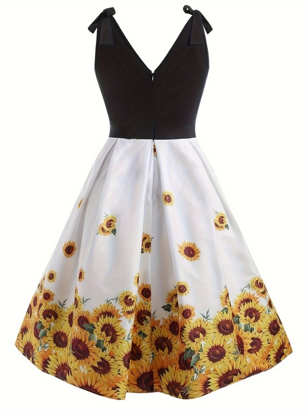 Plus Size Sunflower Print Dress, Casual V Neck Sleeveless Dress, Women's Plus Size Clothing