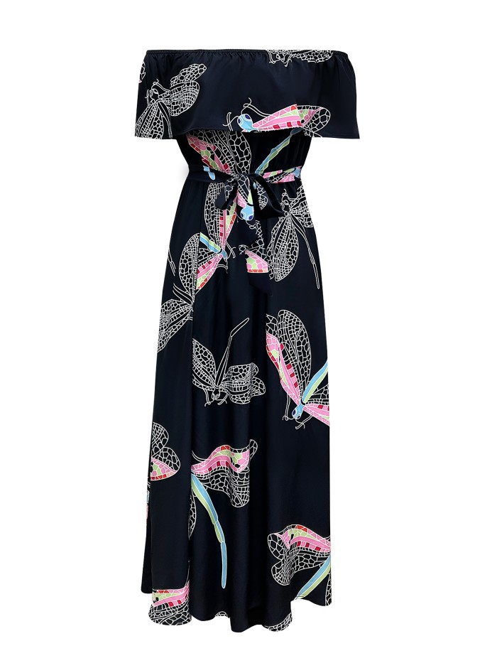 Dragonfly Print Off Shoulder Dress, Elegant Belted Ruffle Trim Dress For Spring & Summer, Women's Clothing