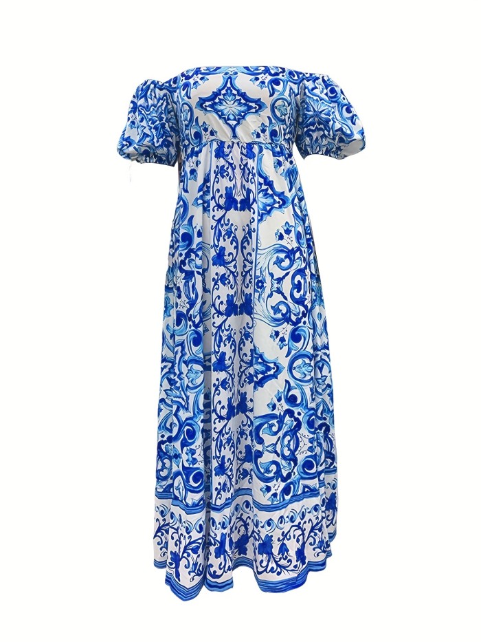 Baroque Floral Print Dress, Boho Off Shoulder Short Sleeve Maxi Dress, Women's Clothing