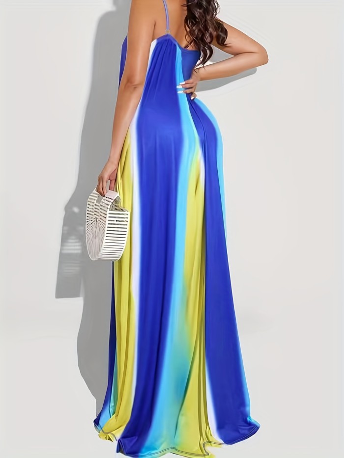 Plus Size Tie Dye V Neck Loose Cami Maxi Dress, Women's Plus Slight Stretch Elegant Long Dress