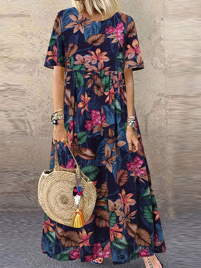 Plus Size Casual Dress, Women's Plus Floral Print Short Sleeve Round Neck Slight Stretch Maxi Dress