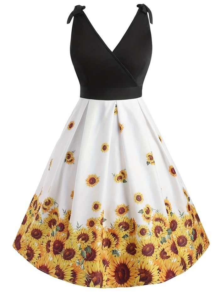 Plus Size Sunflower Print Dress, Casual V Neck Sleeveless Dress, Women's Plus Size Clothing