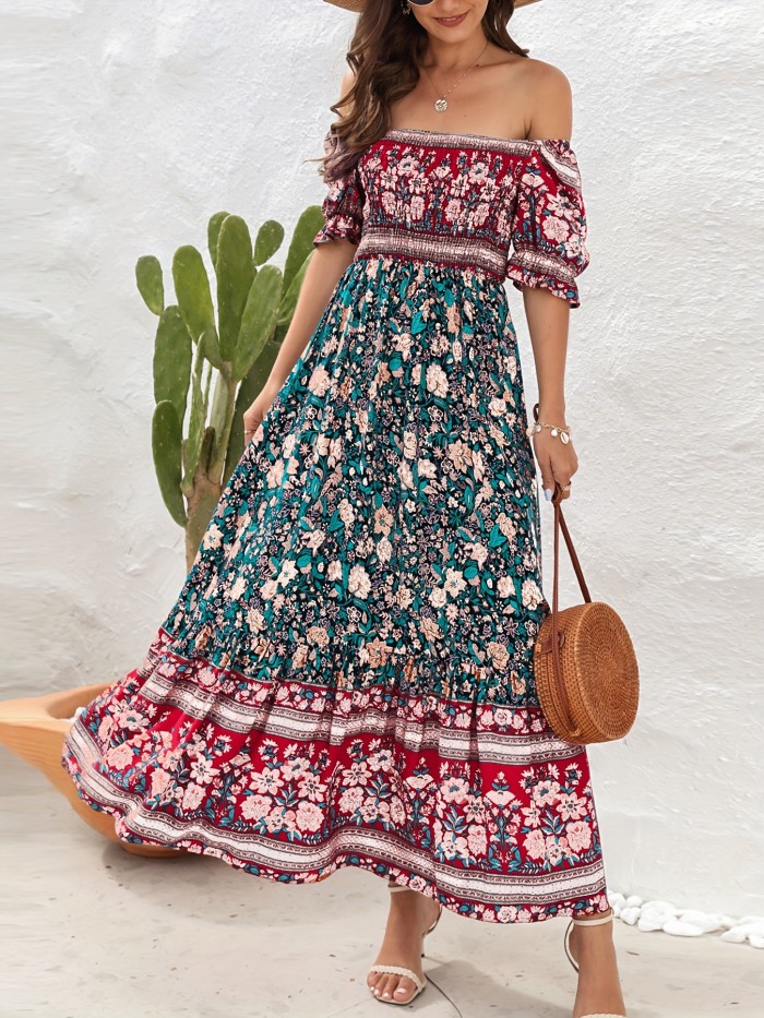Floral Print Off Shoulder Dress, Boho Short Sleeve Backless Dress For Spring & Summer, Women's Clothing