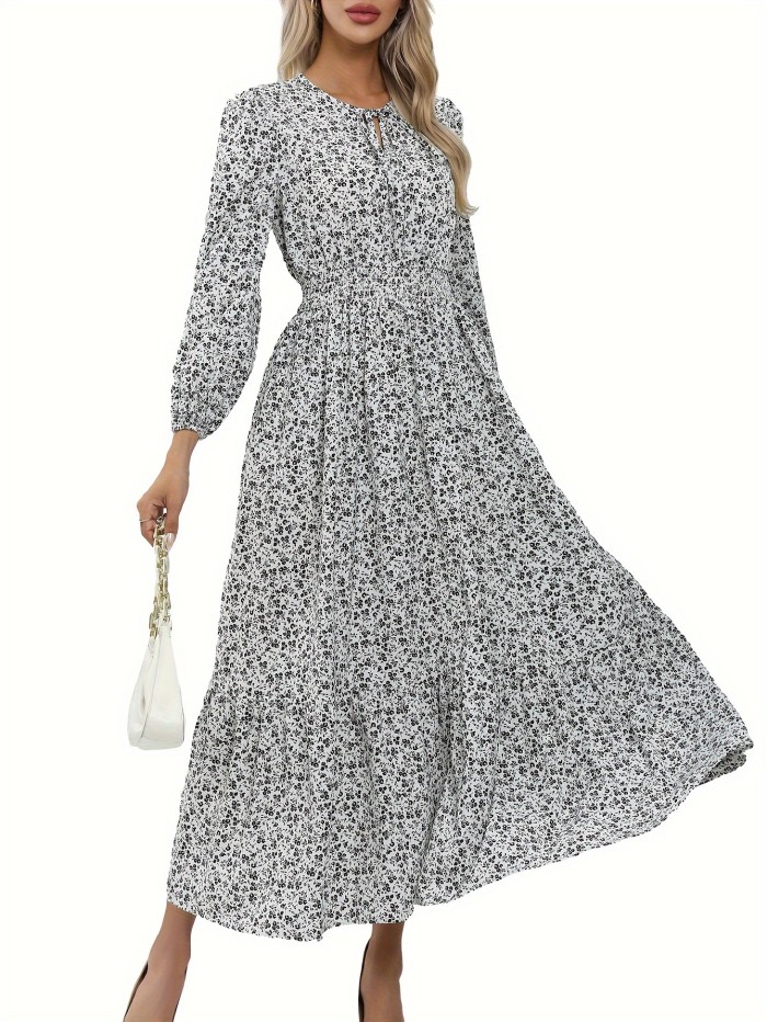Floral Print Shirred Waist Dress, Elegant Lantern Sleeve Aline Ruffle Hem Swing Dress For Spring & Fall, Women's Clothing
