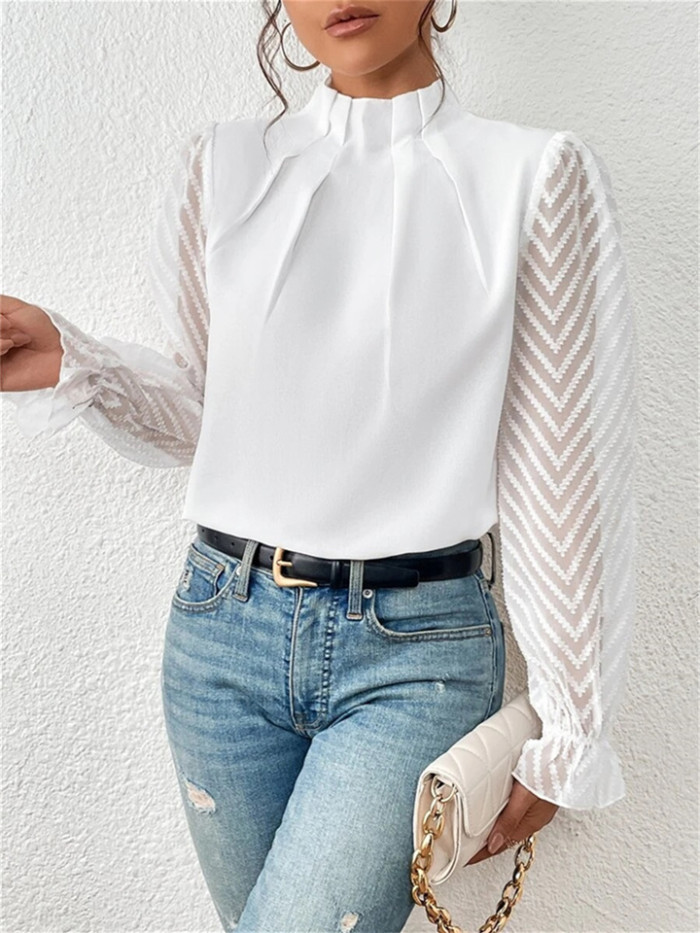 Women's New Fall and Winter Half-high Neck Splicing Wave Pattern Chiffon Long-sleeved Ruffled Sleeve Blouse Female