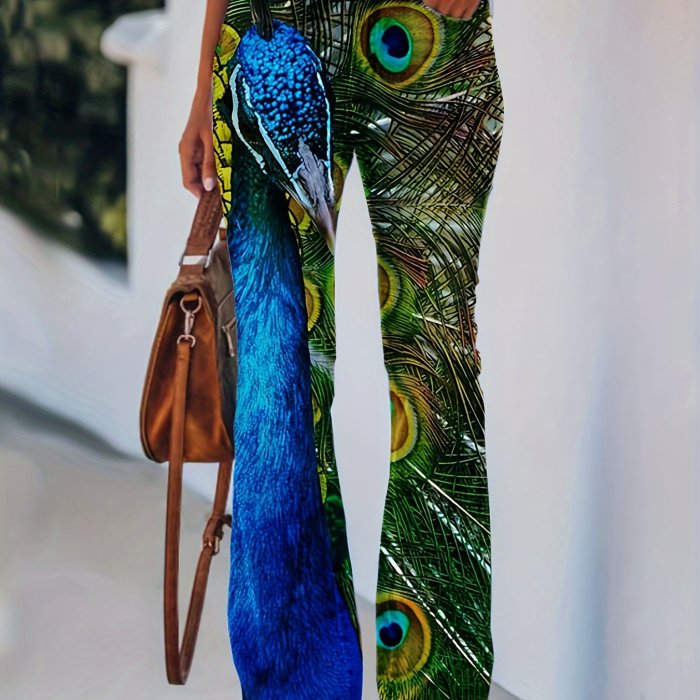 Plus Size Peacock Feather Print Flare Leg Pants, Casual High Waist Pants, Women's Plus Size Clothing