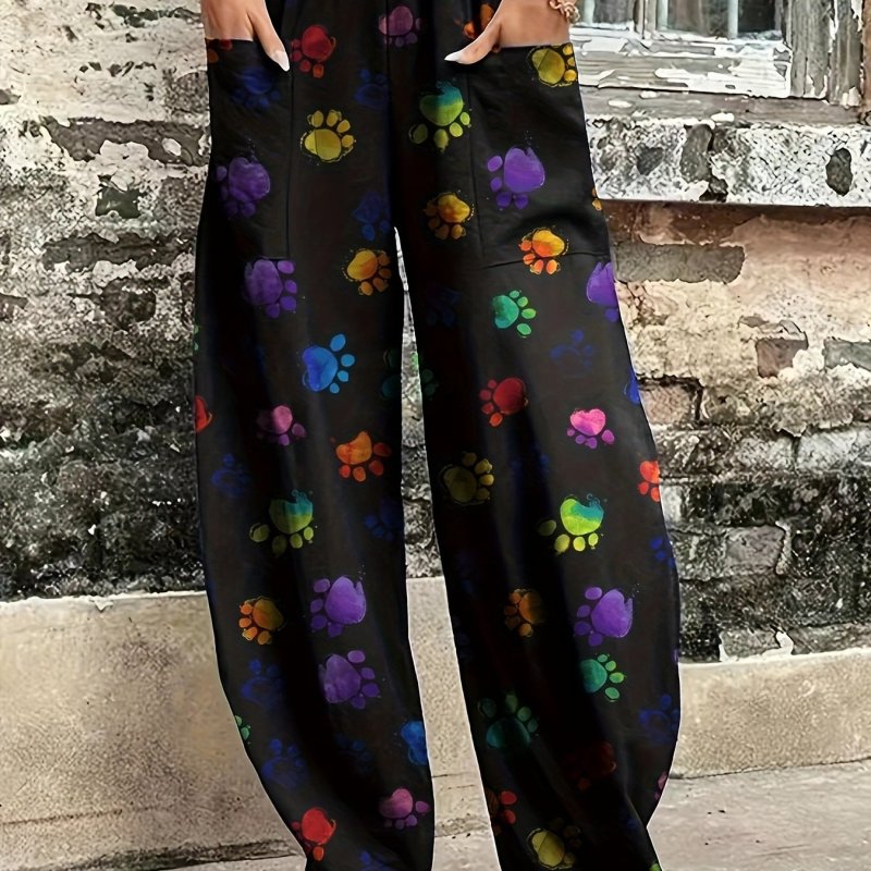 Plus Size Casual Pants, Women's Plus Colorful Paw Print Elastic High Rise Loose Fit Trousers With Pockets