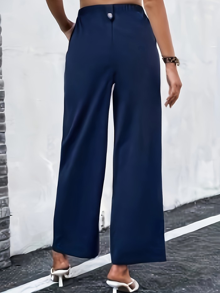 Plus Size Solid Straight Leg Pants, Casual Button Front High Waist Pants, Women's Plus Size Clothing