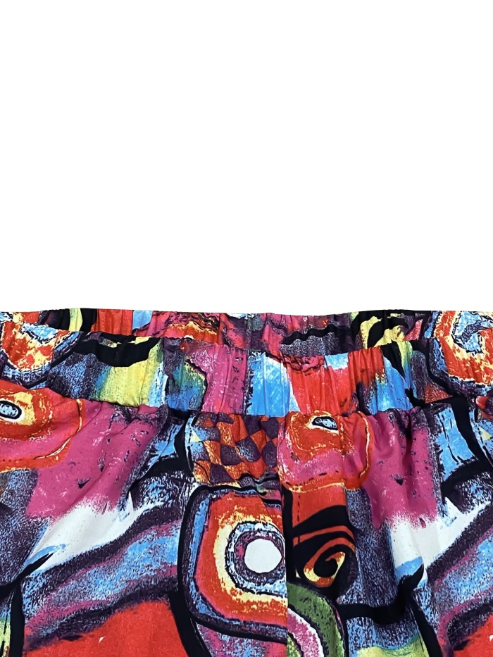 Plus Size Floral Print Wide Leg Pants, Casual Colorblock Elastic Waist Pants, Women's Plus Size Clothing