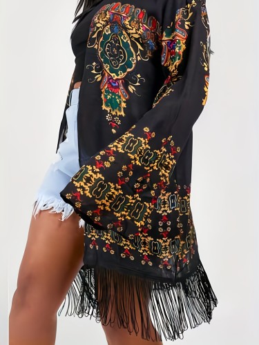 Plus Size Boho Cardigan, Women's Plus Floral Print Long Sleeve Fringe Trim Cardigan