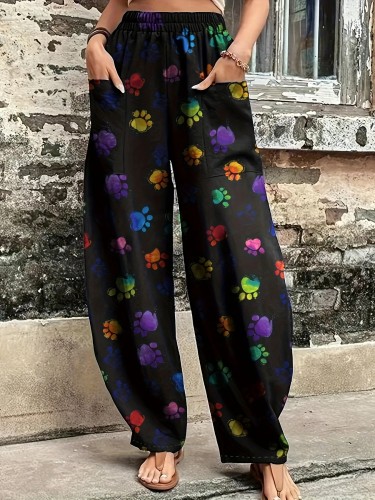 Plus Size Casual Pants, Women's Plus Colorful Paw Print Elastic High Rise Loose Fit Trousers With Pockets