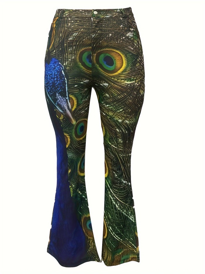 Plus Size Peacock Feather Print Flare Leg Pants, Casual High Waist Pants, Women's Plus Size Clothing