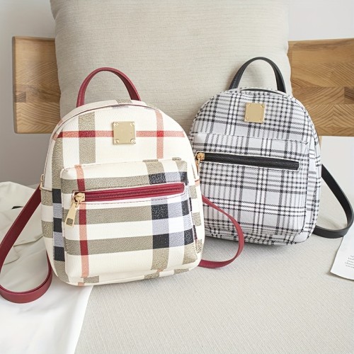 1pc New Plaid Stylish Backpack, Multi Functional Casual Plaid Backpack, Trendy Sweet Cross Body Bag, Cute Shoulder Bag, Mobile Phone Bag, Camera Bag, Lipstick Bag (18*6*19.5) Cm