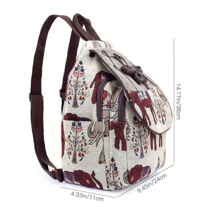 Elephant Pattern Fabric Backpack, Ethnic Style Flap Bookbag, Women's Travel Daypack