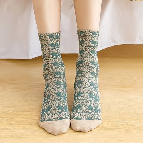 5pairs Floral Socks Set, Women Cute Flower Geometric 3D Textured Ankle Cotton Blend Cottagecore Lucky Socks