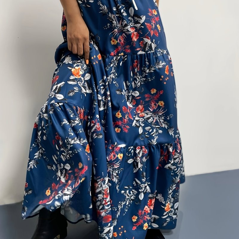 Floral Print Ruffle Hem Tiered Skirt, Casual Elastic Waist Maxi Skirt, Women's Clothing