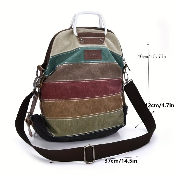 Multi-Color Striped Canvas Backpack, Women's Top Handle Daypack, Functional Shoulder Bag