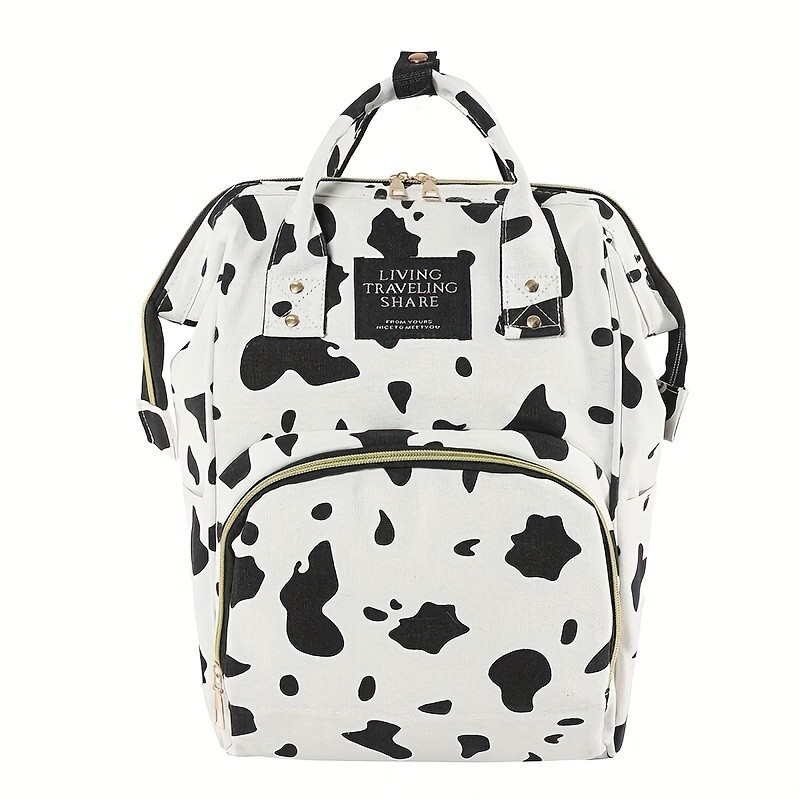 Stylish Cow Pattern Backpack, Trendy Zipper Rucksack, Versatile Women's Travel Diaper Bag