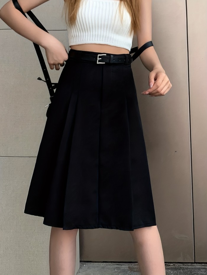 Solid Pleated Aline Skirt, Preppy High Waist Skirt For Spring & Fall, Women's Clothing