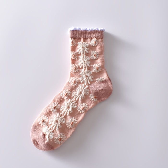 6 Pairs Flower Bubble Cable Crew Socks, Lightweight & Comfy Mid-tube Socks, Women's Stockings & Hosiery