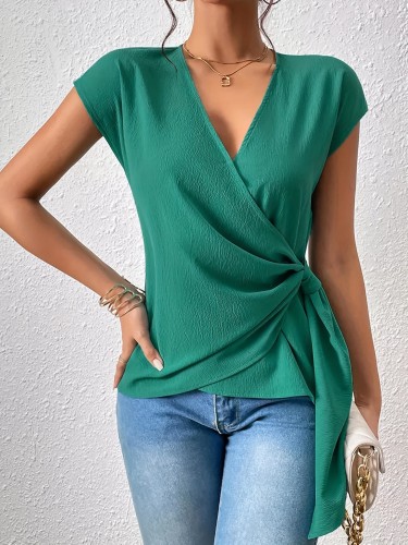 Solid Surplice Neck Blouse, Elegant Short Sleeve Tie Side Top For Spring & Summer, Women's Clothing