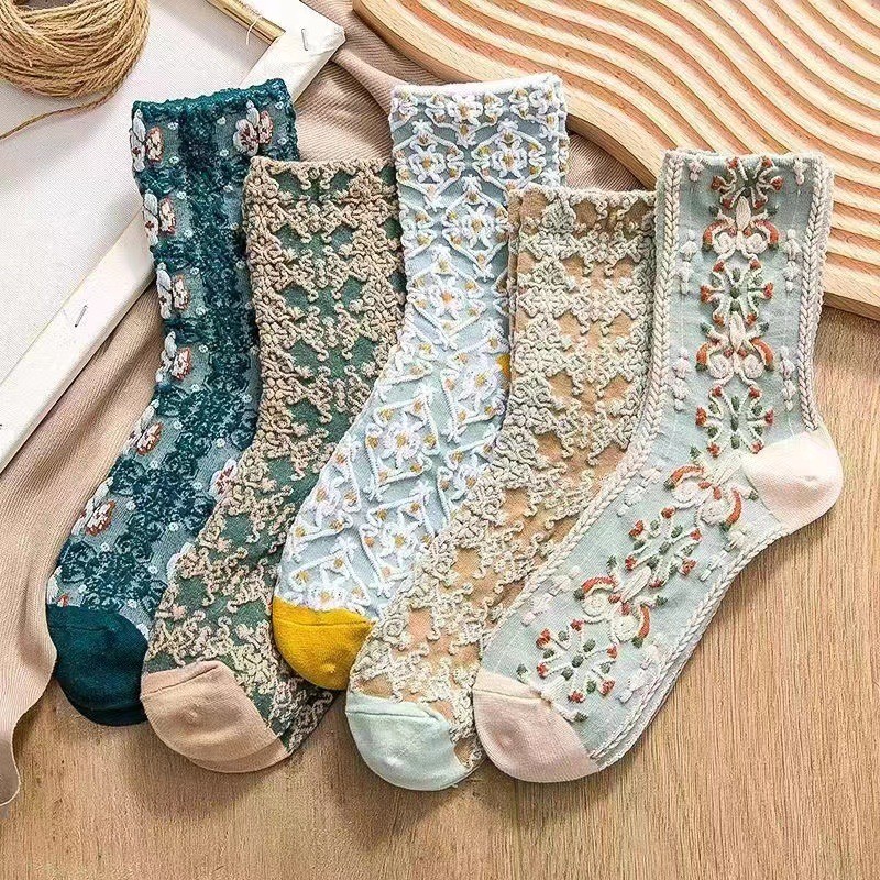 5pairs Floral Socks Set, Women Cute Flower Geometric 3D Textured Ankle Cotton Blend Cottagecore Lucky Socks