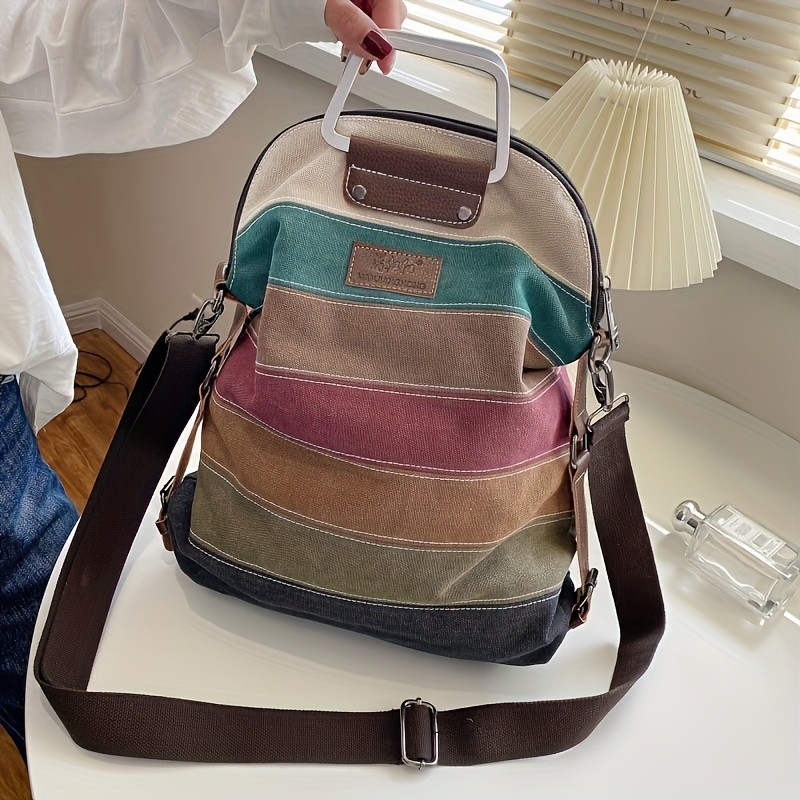Multi-Color Striped Canvas Backpack, Women's Top Handle Daypack, Functional Shoulder Bag
