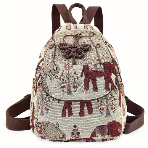 Elephant Pattern Fabric Backpack, Ethnic Style Flap Bookbag, Women's Travel Daypack