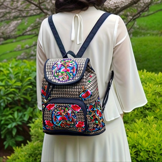 Women's Ethnic Style Backpack, Drawstring Design Flap Daypack, Floral Embroidery Canvas School Bag