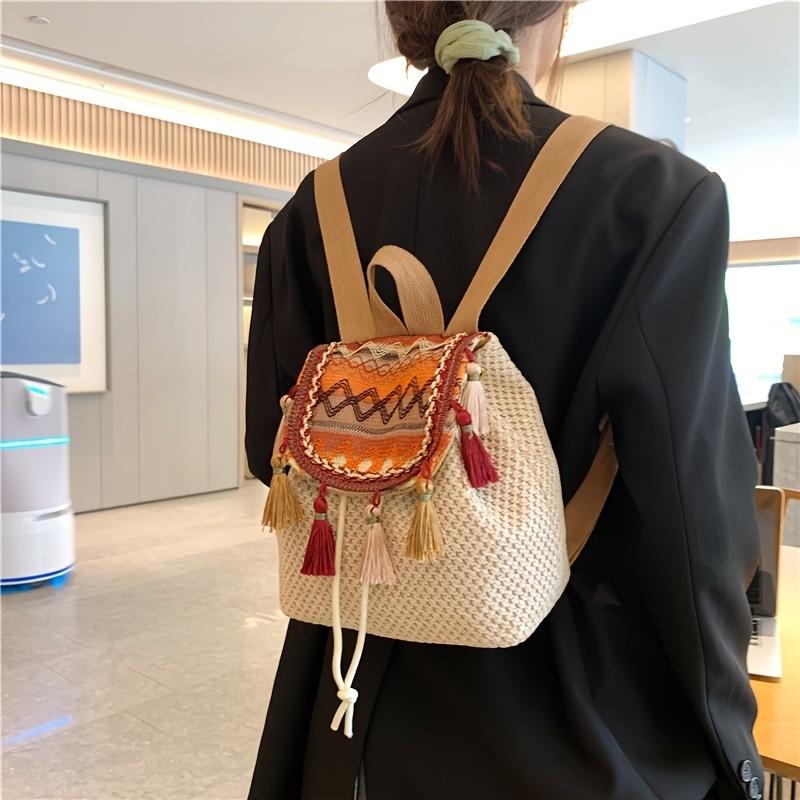 Ethnic Style Backpack, Drawstring Student School Bag