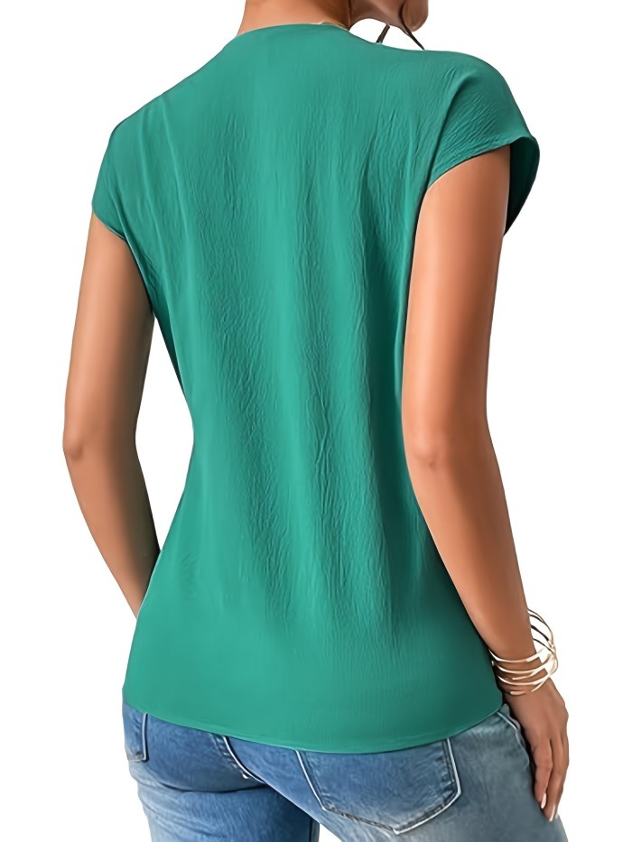 Solid Surplice Neck Blouse, Elegant Short Sleeve Tie Side Top For Spring & Summer, Women's Clothing