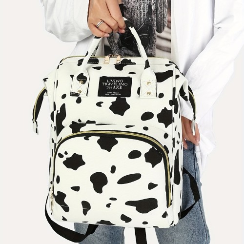 Stylish Cow Pattern Backpack, Trendy Zipper Rucksack, Versatile Women's Travel Diaper Bag