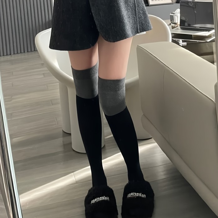 1 Pair Two Tone Color Over The Knee Socks, JK Streetwear College Style Thigh High Long Stockings For Daily Wear