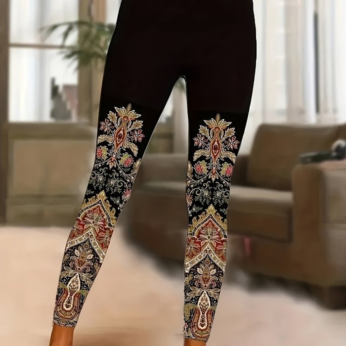 Ethnic Floral Print Skinny Leggings, Casual High Waist Stretchy Leggings, Women's Clothing