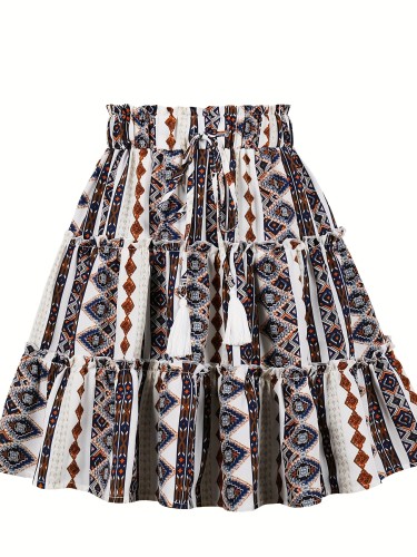 Graphic Print Elastic Waist Tied Skirt, Vintage Tiered Ruffle Hem Skirt, Women's Clothing
