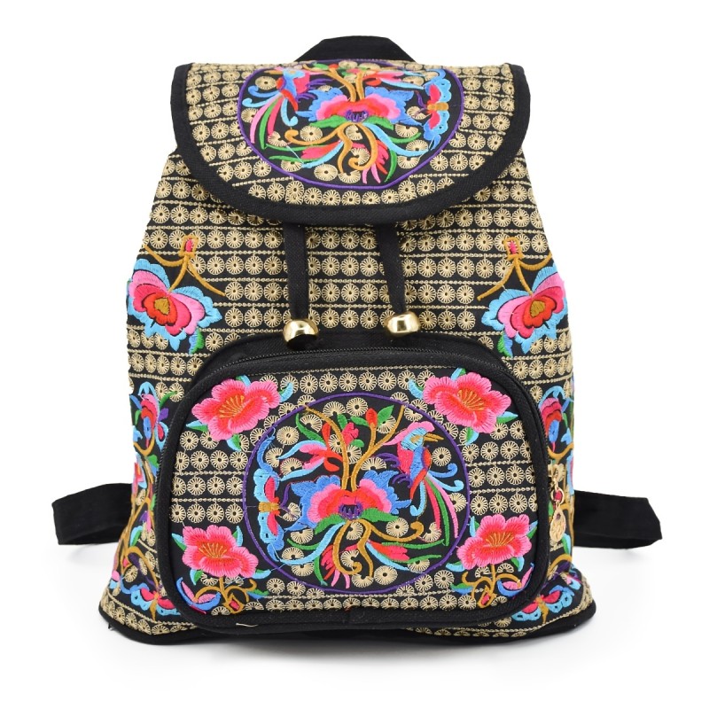 Women's Ethnic Style Backpack, Drawstring Design Flap Daypack, Floral Embroidery Canvas School Bag