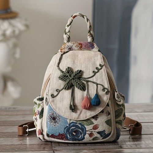1pc Ethnic Style Hand-woven Floral Pattern Personality Backpack, Original Design, Casual Fashion Backpack, Multifunctional Backpack, Fashion Creative Backpack For Beach Vacation Holiday Trave