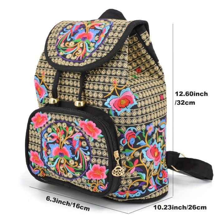 Women's Ethnic Style Backpack, Drawstring Design Flap Daypack, Floral Embroidery Canvas School Bag