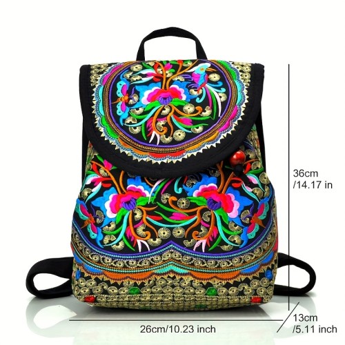 Stylish Floral Embroidered Backpack, Women's Trendy Canvas Bookbag, Fashion Flap Travel Backpack