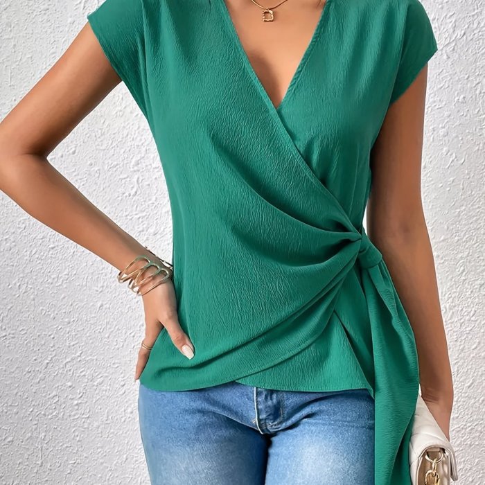 Solid Surplice Neck Blouse, Elegant Short Sleeve Tie Side Top For Spring & Summer, Women's Clothing