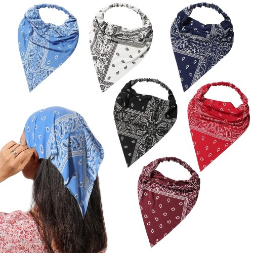 6pcs Boho Paisley Print Triangle Scarf Headband - Elastic Turban for Women - Stylish Bandana Head Wrap Kerchief Accessory