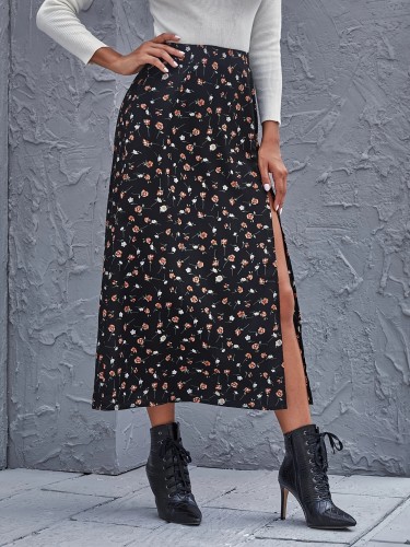 Floral Print Split Thigh Skirt, Elegant High Waist A Line Midi Skirt, Women's Clothing