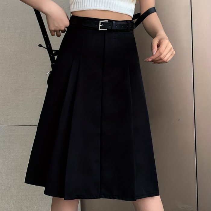 Solid Pleated Aline Skirt, Preppy High Waist Skirt For Spring & Fall, Women's Clothing