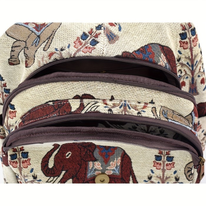Elephant Pattern Fabric Backpack, Ethnic Style Flap Bookbag, Women's Travel Daypack