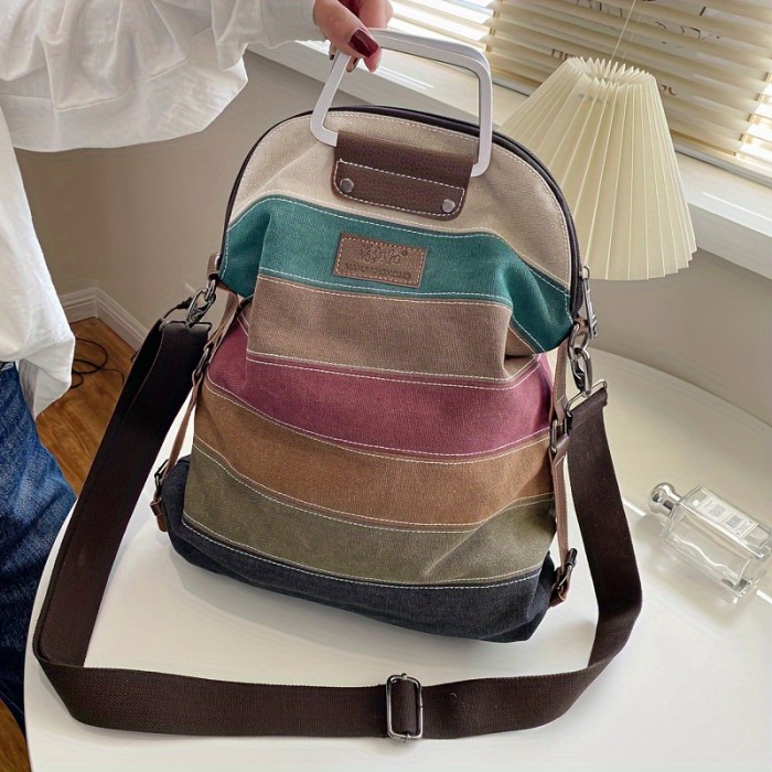 Multi-Color Striped Canvas Backpack, Women's Top Handle Daypack, Functional Shoulder Bag