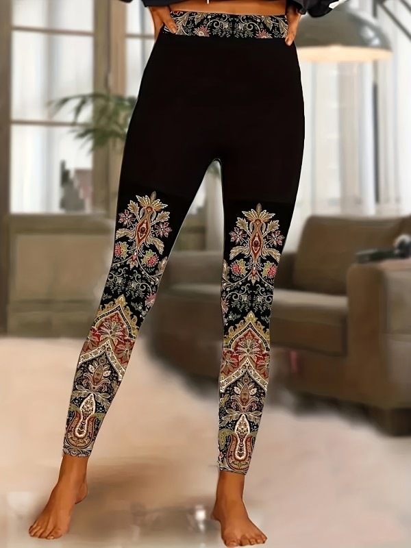 Ethnic Floral Print Skinny Leggings, Casual High Waist Stretchy Leggings, Women's Clothing