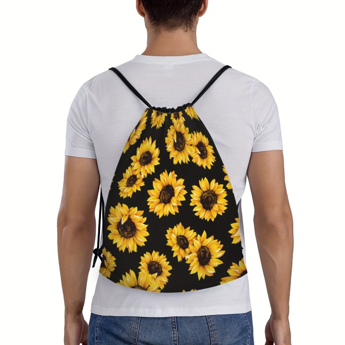 1pc Casual Drawstring Backpack, Bohemian Style Sunflower Floral Style Print Design Drawstring Bag For Men And Women, Lightweight Outdoor Sports Bag For Camping Rope, Travel Portable Drawstring Bag