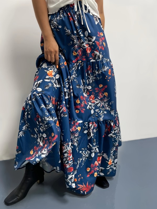 Floral Print Ruffle Hem Tiered Skirt, Casual Elastic Waist Maxi Skirt, Women's Clothing