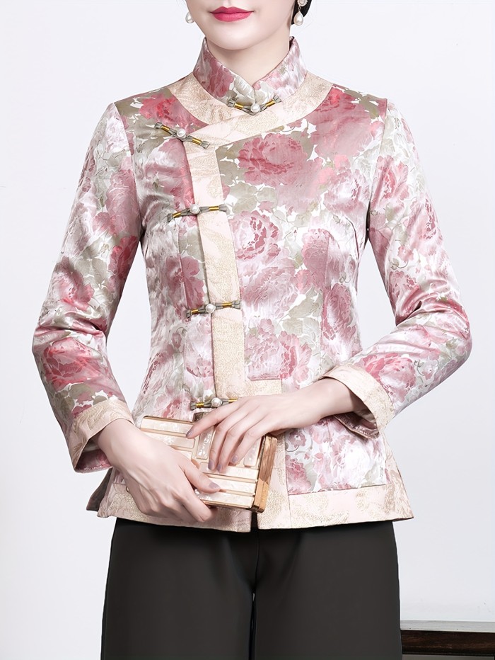 Frog Button Floral Print Top, Chinese Vintage Long Sleeve Mandarin Collar Top, Women's Clothing