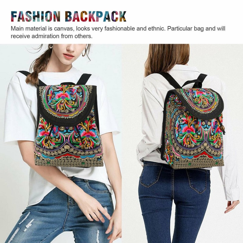 Stylish Floral Embroidered Backpack, Women's Trendy Canvas Bookbag, Fashion Flap Travel Backpack